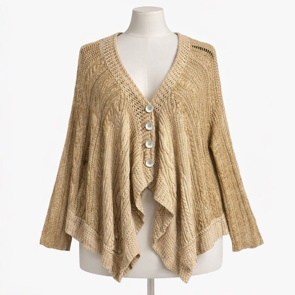Free People Medium Hemingway‎ Cape Cardigan Sweater Tan Boho Knit Asymmetrical